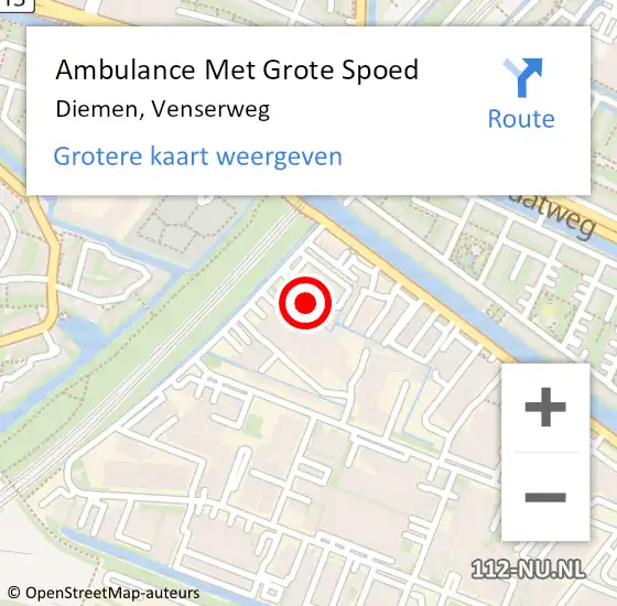 Locatie op kaart van de 112 melding: Ambulance Met Grote Spoed Naar Diemen, Venserweg op 14 augustus 2021 06:53