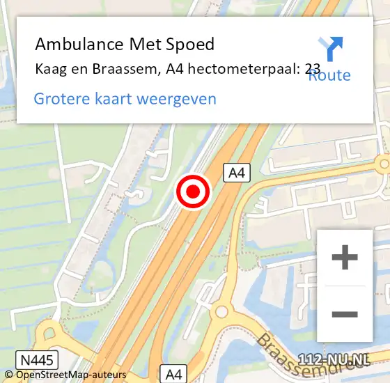 Locatie op kaart van de 112 melding: Ambulance Met Spoed Naar Kaag en Braassem, A4 hectometerpaal: 23 op 14 augustus 2021 07:39