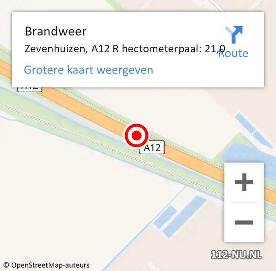 Locatie op kaart van de 112 melding: Brandweer Zuidplas, A12 hectometerpaal: 21,6 op 14 augustus 2021 09:06