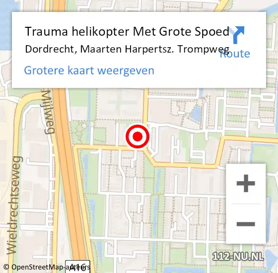 Locatie op kaart van de 112 melding: Trauma helikopter Met Grote Spoed Naar Dordrecht, Maarten Harpertsz. Trompweg op 14 augustus 2021 10:30