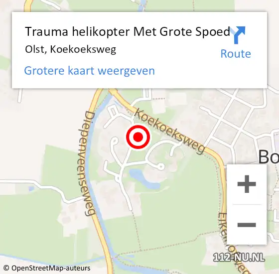 Locatie op kaart van de 112 melding: Trauma helikopter Met Grote Spoed Naar Olst, Koekoeksweg op 14 augustus 2021 12:13