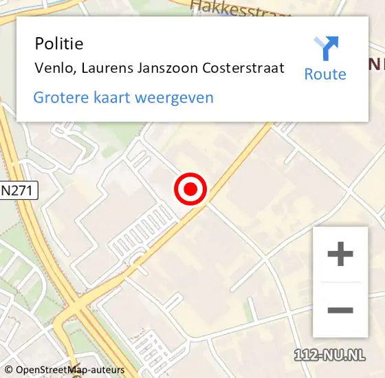 Locatie op kaart van de 112 melding: Politie Venlo, Laurens Janszoon Costerstraat op 14 augustus 2021 13:26