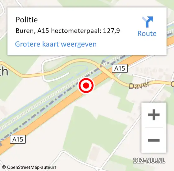 Locatie op kaart van de 112 melding: Politie Buren, A15 hectometerpaal: 127,9 op 14 augustus 2021 14:24