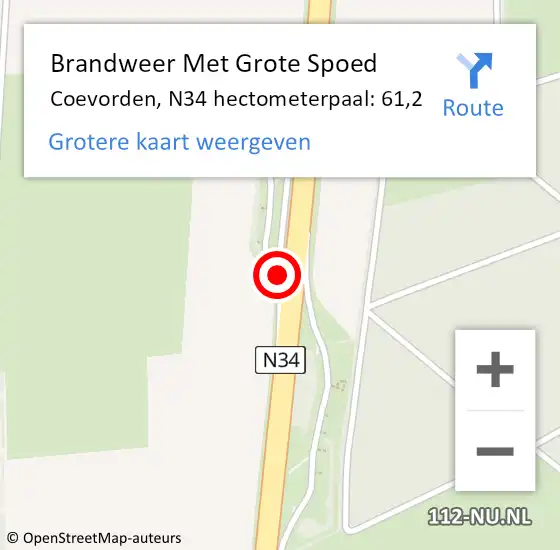 Locatie op kaart van de 112 melding: Brandweer Met Grote Spoed Naar Coevorden, N34 hectometerpaal: 61,2 op 14 augustus 2021 14:34