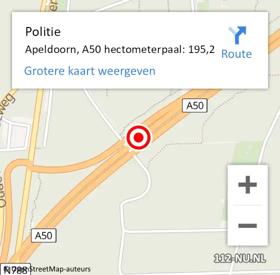 Locatie op kaart van de 112 melding: Politie Apeldoorn, A50 hectometerpaal: 195,2 op 14 augustus 2021 15:45