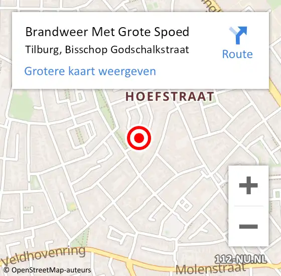 Locatie op kaart van de 112 melding: Brandweer Met Grote Spoed Naar Tilburg, Bisschop Godschalkstraat op 14 augustus 2021 18:54