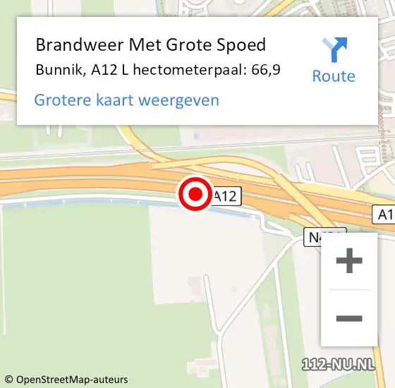 Locatie op kaart van de 112 melding: Brandweer Met Grote Spoed Naar Bunnik, A12 R hectometerpaal: 67,4 op 19 juni 2014 17:40