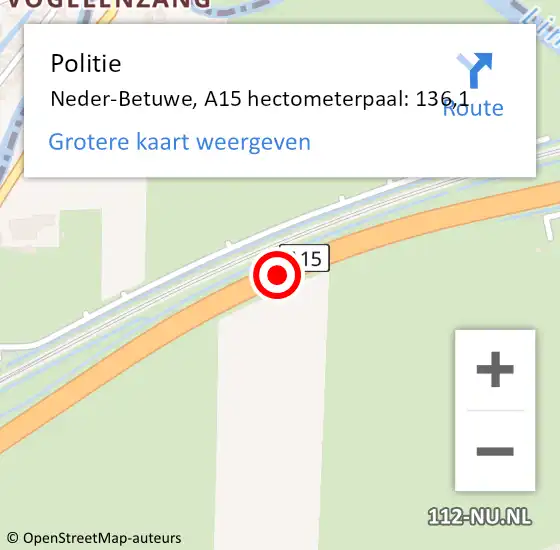 Locatie op kaart van de 112 melding: Politie Neder-Betuwe, A15 hectometerpaal: 136,1 op 14 augustus 2021 21:13