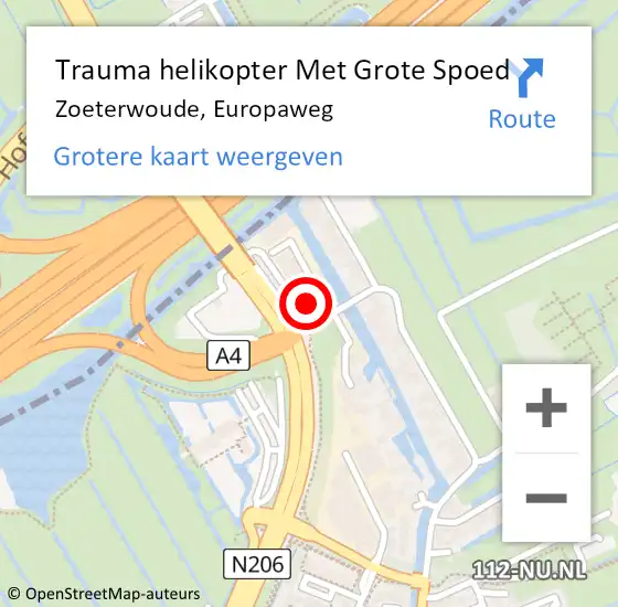 Locatie op kaart van de 112 melding: Trauma helikopter Met Grote Spoed Naar Zoeterwoude, Europaweg op 15 augustus 2021 00:39