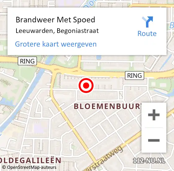 Locatie op kaart van de 112 melding: Brandweer Met Spoed Naar Leeuwarden, Begoniastraat op 15 augustus 2021 00:49