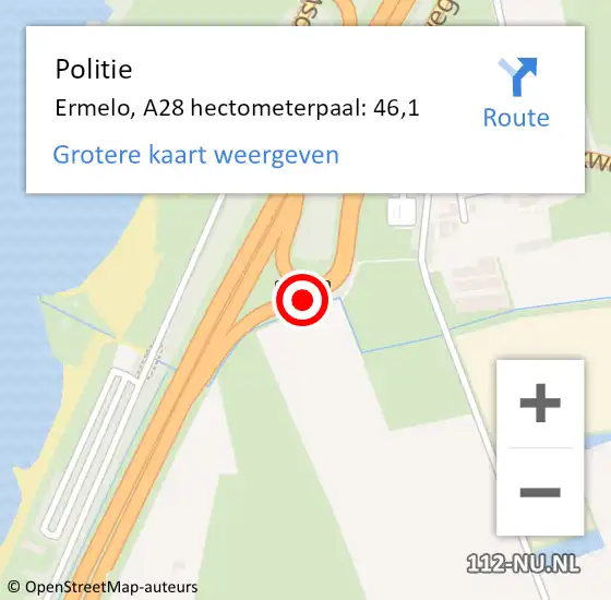 Locatie op kaart van de 112 melding: Politie Ermelo, A28 hectometerpaal: 46,1 op 15 augustus 2021 06:32