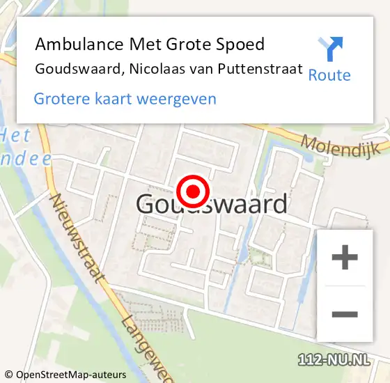 Locatie op kaart van de 112 melding: Ambulance Met Grote Spoed Naar Goudswaard, Nicolaas van Puttenstraat op 15 augustus 2021 07:09