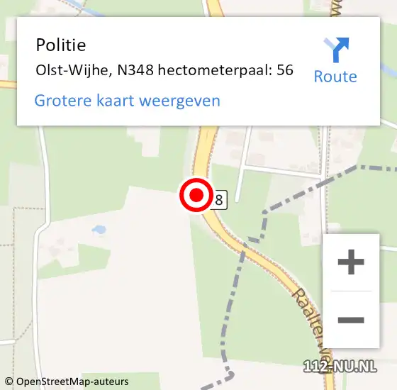 Locatie op kaart van de 112 melding: Politie Olst-Wijhe, N348 hectometerpaal: 56 op 15 augustus 2021 13:12