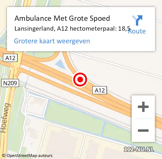 Locatie op kaart van de 112 melding: Ambulance Met Grote Spoed Naar Lansingerland, A12 hectometerpaal: 18,5 op 15 augustus 2021 13:35