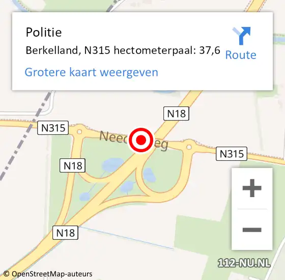 Locatie op kaart van de 112 melding: Politie Berkelland, N315 hectometerpaal: 37,6 op 15 augustus 2021 14:00