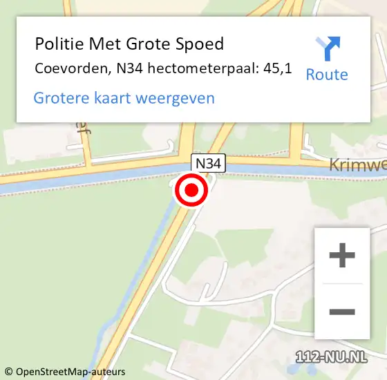 Locatie op kaart van de 112 melding: Politie Met Grote Spoed Naar Coevorden, N34 hectometerpaal: 45,1 op 15 augustus 2021 18:13