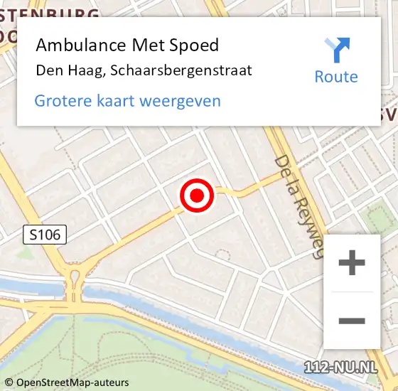 Locatie op kaart van de 112 melding: Ambulance Met Spoed Naar Den Haag, Schaarsbergenstraat op 15 augustus 2021 18:20