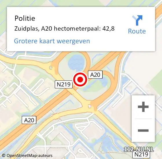 Locatie op kaart van de 112 melding: Politie Zuidplas, A20 hectometerpaal: 42,8 op 15 augustus 2021 20:17