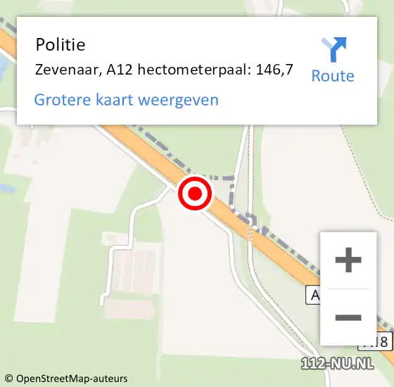 Locatie op kaart van de 112 melding: Politie Zevenaar, A12 hectometerpaal: 146,7 op 15 augustus 2021 23:35