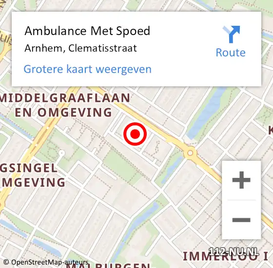 Locatie op kaart van de 112 melding: Ambulance Met Spoed Naar Arnhem, Clematisstraat op 16 augustus 2021 13:41