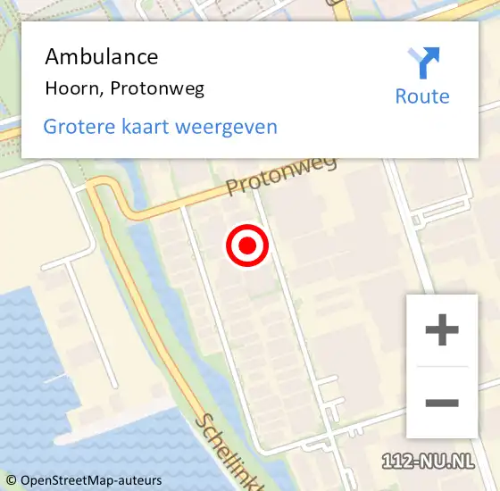 Locatie op kaart van de 112 melding: Ambulance Hoorn, Protonweg op 16 augustus 2021 17:32
