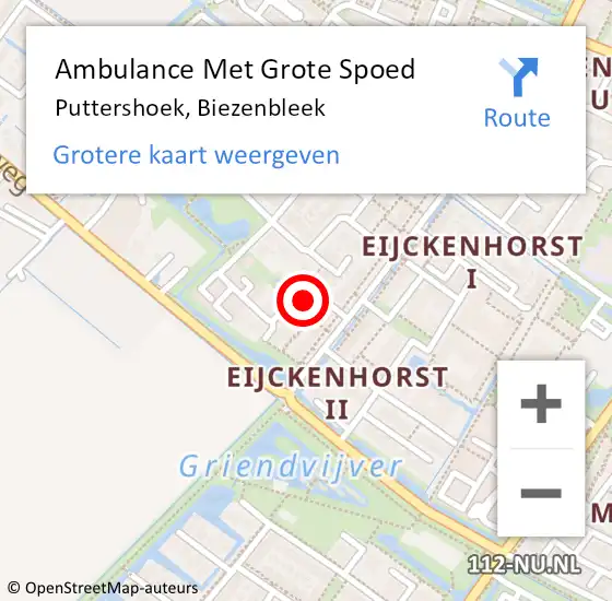 Locatie op kaart van de 112 melding: Ambulance Met Grote Spoed Naar Puttershoek, Biezenbleek op 16 augustus 2021 21:41