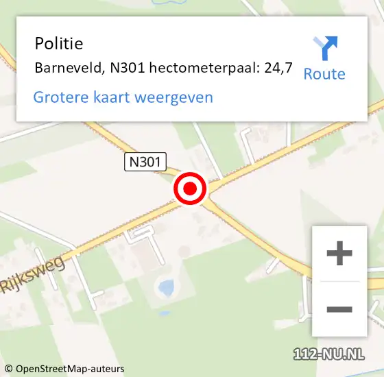 Locatie op kaart van de 112 melding: Politie Barneveld, N301 hectometerpaal: 24,7 op 16 augustus 2021 22:29