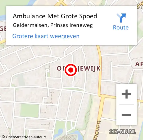 Locatie op kaart van de 112 melding: Ambulance Met Grote Spoed Naar Geldermalsen, Prinses Ireneweg op 17 augustus 2021 00:32