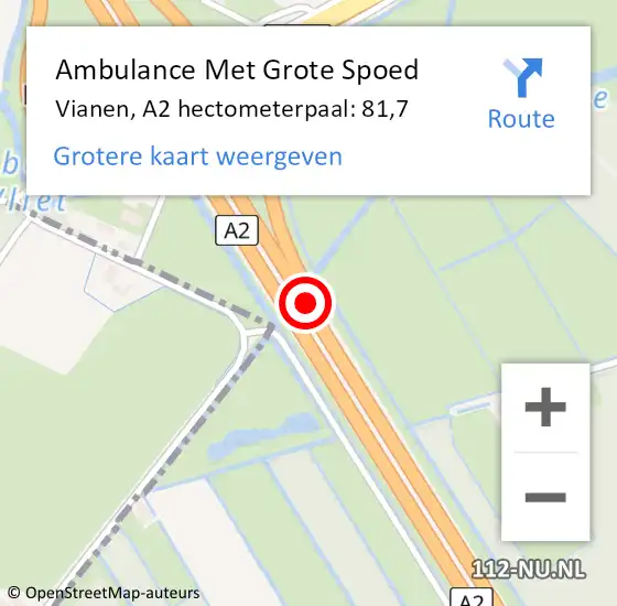 Locatie op kaart van de 112 melding: Ambulance Met Grote Spoed Naar Vianen, A2 hectometerpaal: 81,7 op 17 augustus 2021 04:09