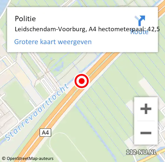 Locatie op kaart van de 112 melding: Politie Leidschendam-Voorburg, A4 hectometerpaal: 42,5 op 17 augustus 2021 06:58