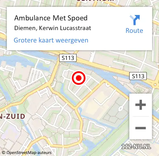 Locatie op kaart van de 112 melding: Ambulance Met Spoed Naar Diemen, Kerwin Lucasstraat op 17 augustus 2021 09:27