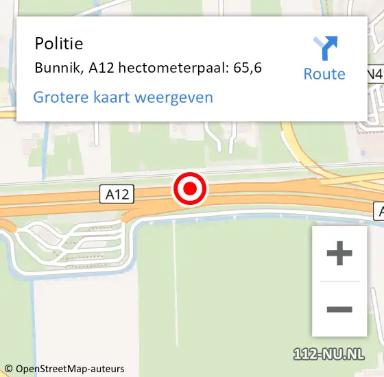 Locatie op kaart van de 112 melding: Politie Bunnik, A12 hectometerpaal: 65,6 op 17 augustus 2021 09:43