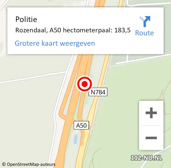 Locatie op kaart van de 112 melding: Politie Rozendaal, A50 hectometerpaal: 183,5 op 17 augustus 2021 12:27