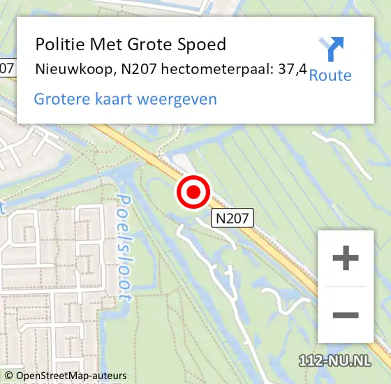Locatie op kaart van de 112 melding: Politie Met Grote Spoed Naar Nieuwkoop, N207 hectometerpaal: 37,4 op 17 augustus 2021 14:17
