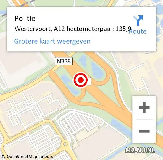 Locatie op kaart van de 112 melding: Politie Westervoort, A12 hectometerpaal: 135,9 op 17 augustus 2021 14:40