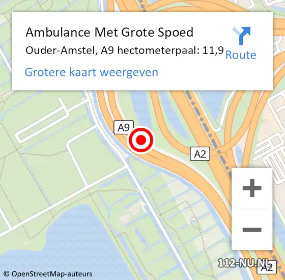 Locatie op kaart van de 112 melding: Ambulance Met Grote Spoed Naar Ouder-Amstel, A9 hectometerpaal: 11,9 op 17 augustus 2021 14:46