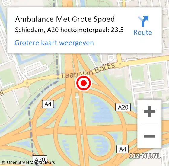 Locatie op kaart van de 112 melding: Ambulance Met Grote Spoed Naar Schiedam, A20 hectometerpaal: 23,5 op 17 augustus 2021 15:11