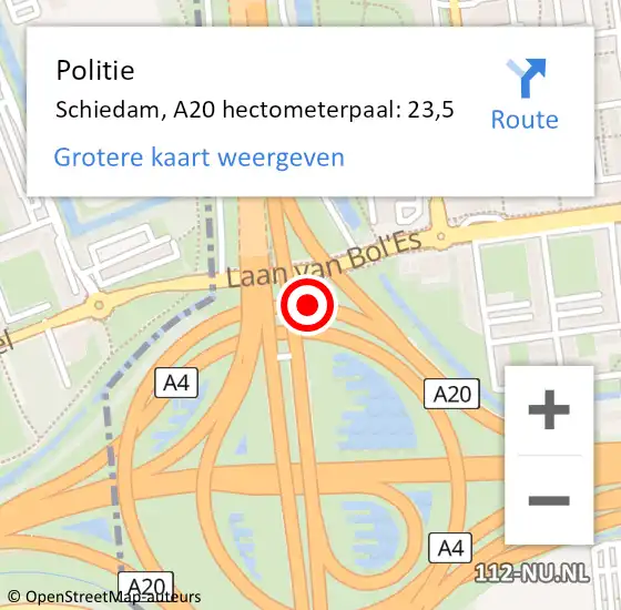 Locatie op kaart van de 112 melding: Politie Schiedam, A20 hectometerpaal: 23,5 op 17 augustus 2021 15:19