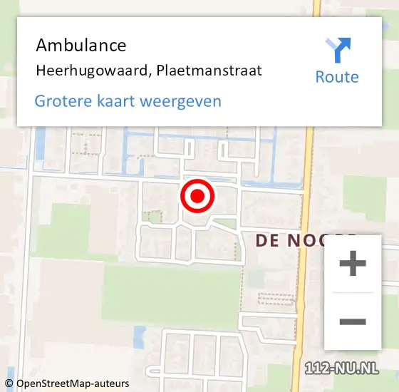 Locatie op kaart van de 112 melding: Ambulance Heerhugowaard, Plaetmanstraat op 17 augustus 2021 19:19