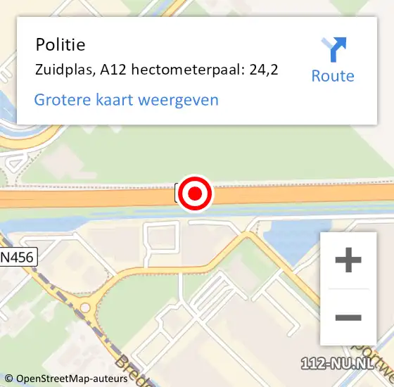 Locatie op kaart van de 112 melding: Politie Zuidplas, A12 hectometerpaal: 24,2 op 17 augustus 2021 20:13