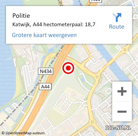 Locatie op kaart van de 112 melding: Politie Katwijk, A44 hectometerpaal: 18,7 op 17 augustus 2021 21:57