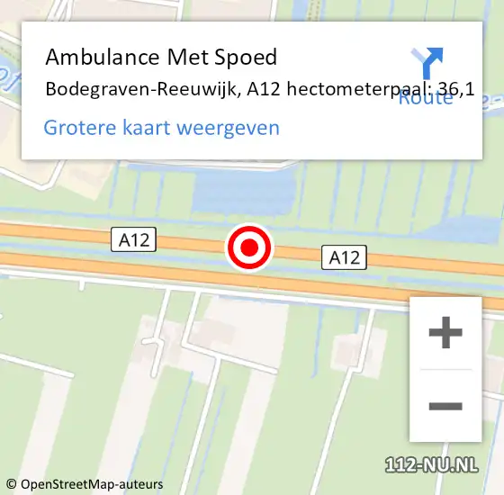 Locatie op kaart van de 112 melding: Ambulance Met Spoed Naar Bodegraven-Reeuwijk, A12 hectometerpaal: 36,1 op 17 augustus 2021 22:50