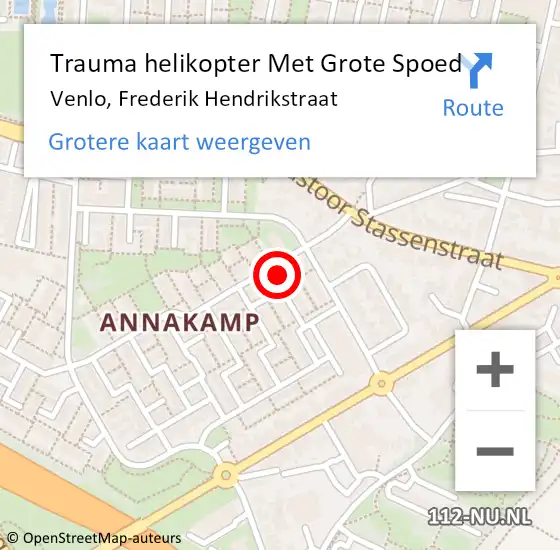 Locatie op kaart van de 112 melding: Trauma helikopter Met Grote Spoed Naar Venlo, Frederik Hendrikstraat op 18 augustus 2021 08:40