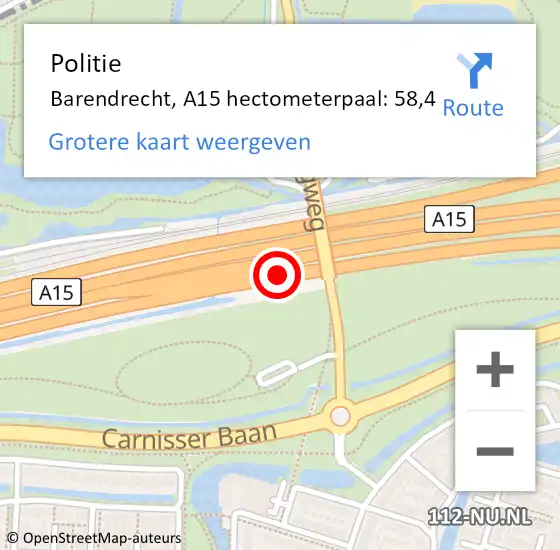 Locatie op kaart van de 112 melding: Politie Barendrecht, A15 hectometerpaal: 58,4 op 18 augustus 2021 08:50