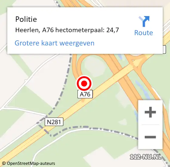 Locatie op kaart van de 112 melding: Politie Heerlen, A76 hectometerpaal: 24,7 op 18 augustus 2021 09:19
