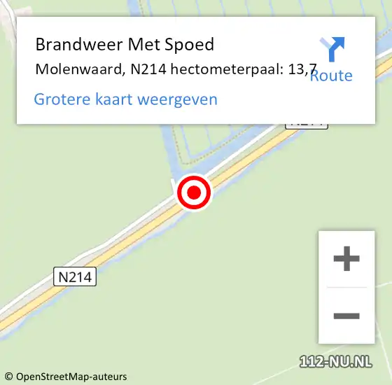 Locatie op kaart van de 112 melding: Brandweer Met Spoed Naar Molenwaard, N214 hectometerpaal: 13,7 op 18 augustus 2021 10:50