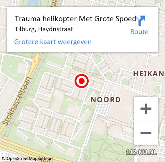 Locatie op kaart van de 112 melding: Trauma helikopter Met Grote Spoed Naar Tilburg, Haydnstraat op 18 augustus 2021 11:26