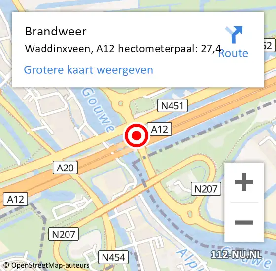 Locatie op kaart van de 112 melding: Brandweer Waddinxveen, A12 hectometerpaal: 27,4 op 18 augustus 2021 11:40