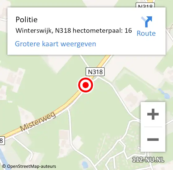 Locatie op kaart van de 112 melding: Politie Winterswijk, N318 hectometerpaal: 16 op 18 augustus 2021 12:52