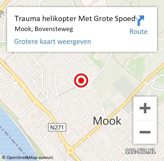 Locatie op kaart van de 112 melding: Trauma helikopter Met Grote Spoed Naar Mook, Bovensteweg op 18 augustus 2021 13:19